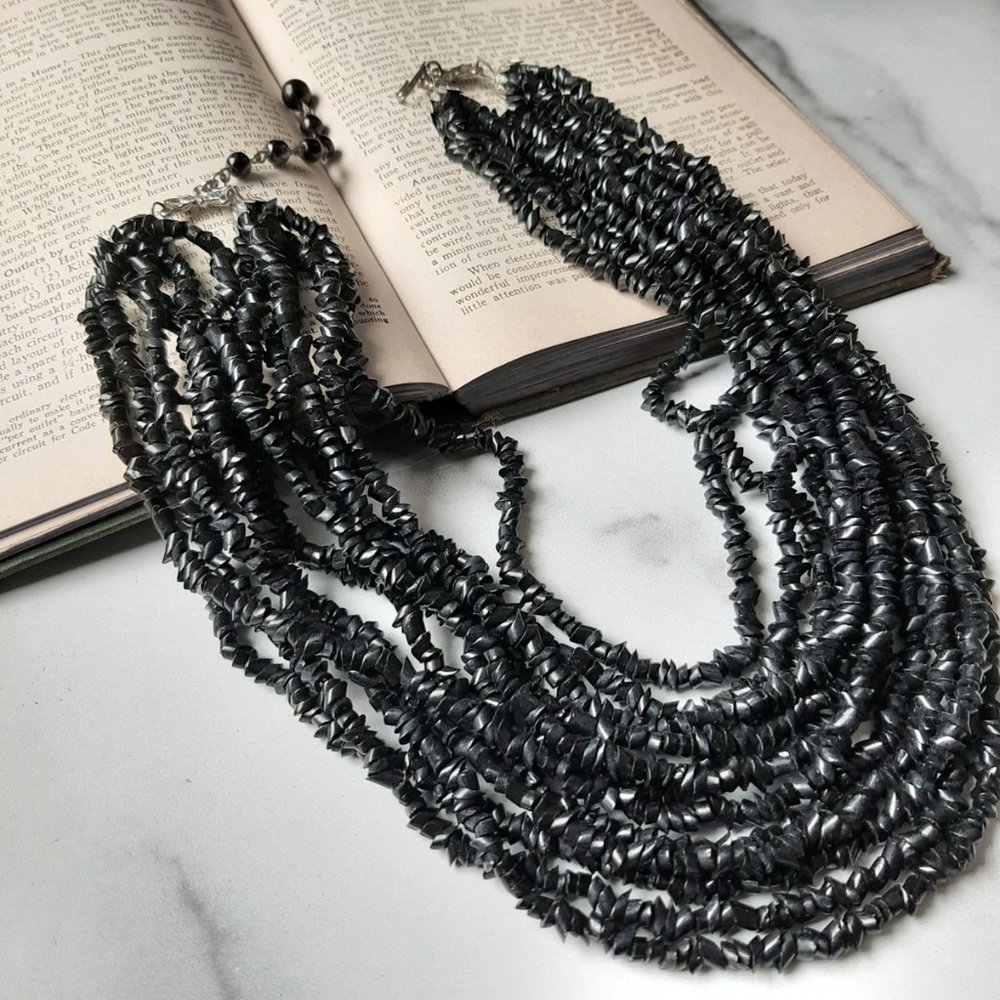 VINTAGE Black Multi-strand Bead Necklace Choker Statement Jewelry Authentic